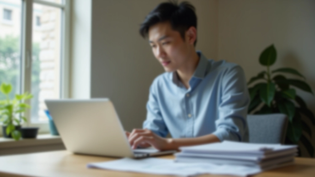 Person working at desk with laptop and financial documents organized in folders