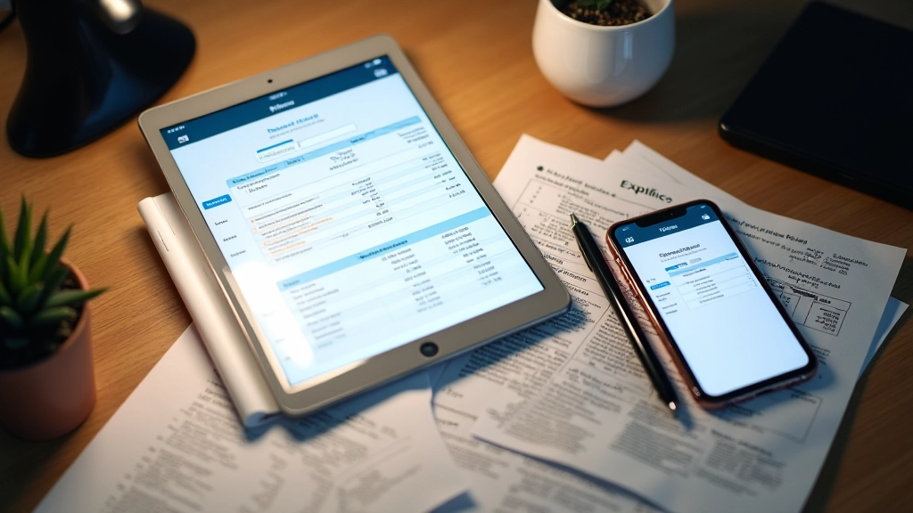 Digital devices displaying expense tracking app with receipts scattered on table