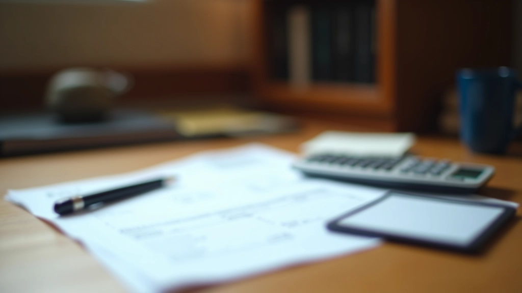 Close-up of tax documents and calculator on desk with organized filing system